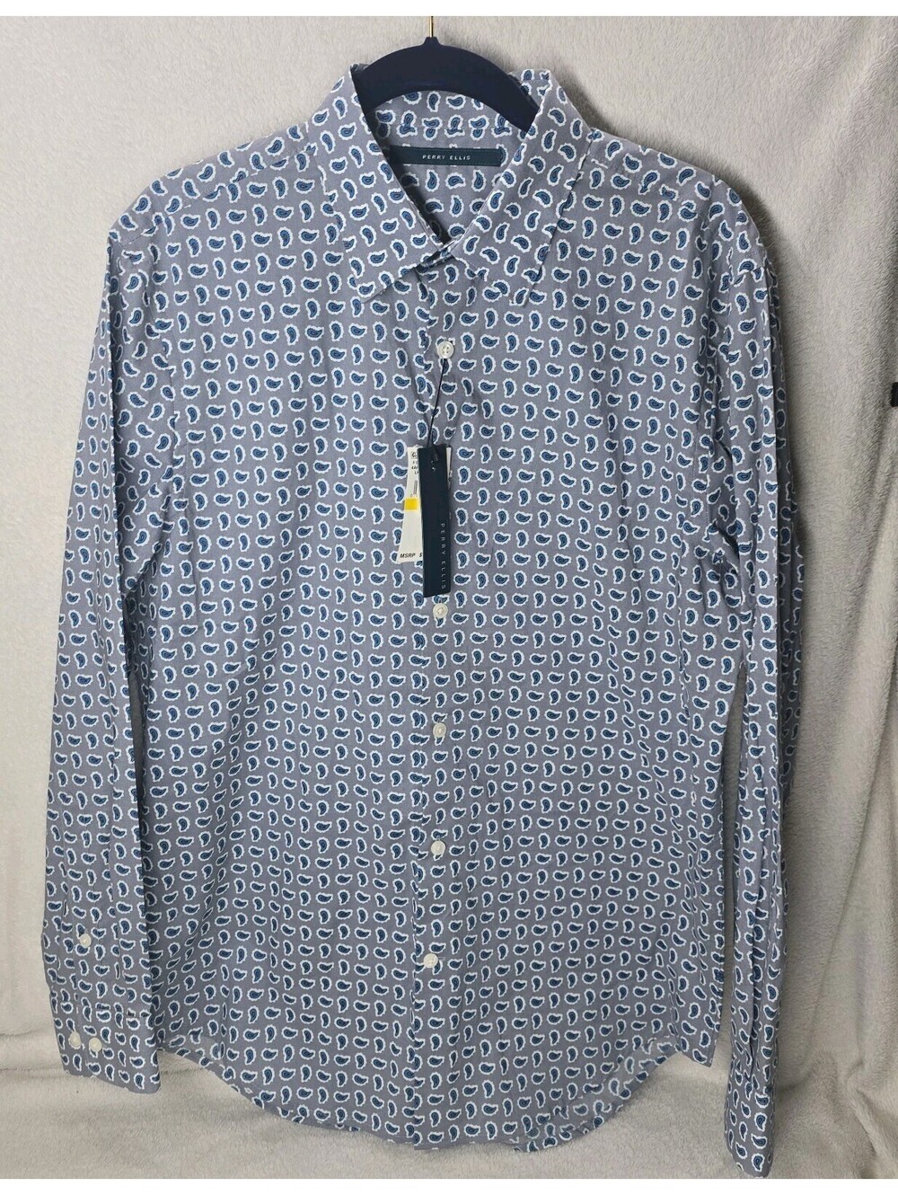 Perry Ellis Mens Size Med Long Sleeve Button Up Shirt Gray With Blue Paisley NWT